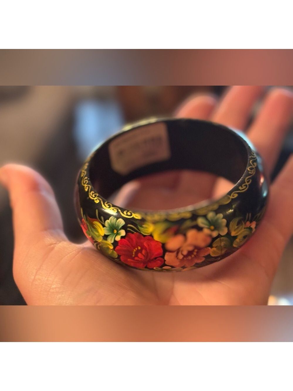 VINTAGE Russian Black Lacquer Floral Painted Bangle Bracelet Small - Picture 7 of 17